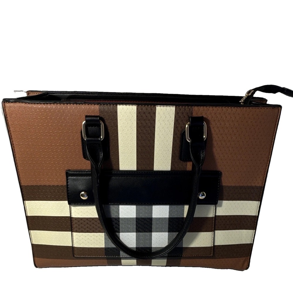 Fabriano Italia Brown Plaid Tote Zip Closure Inner Pockets Gold HW
